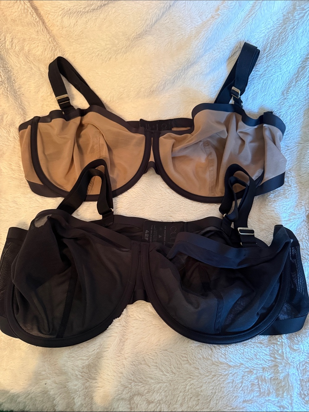 CUUP The Balconette Sheer Mesh Underwire Bra Bundle Black Tan 42F Set of 2 Lux